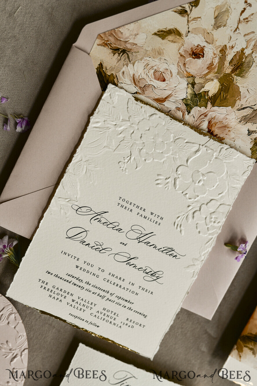 WEDDING INVITATIONS embossed invites Blush Pink Velvet Wedding Invitations – Embossed Floral Invitations with Deckled Edges, Wax Seal & Fine Art Paper
