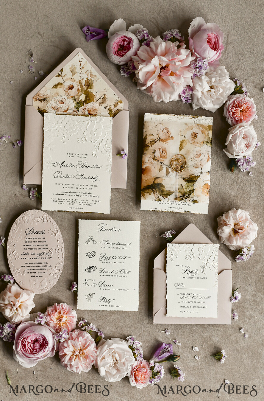 WEDDING INVITATIONS embossed invites Blush Pink Velvet Wedding Invitations – Embossed Floral Invitations with Deckled Edges, Wax Seal & Fine Art Paper