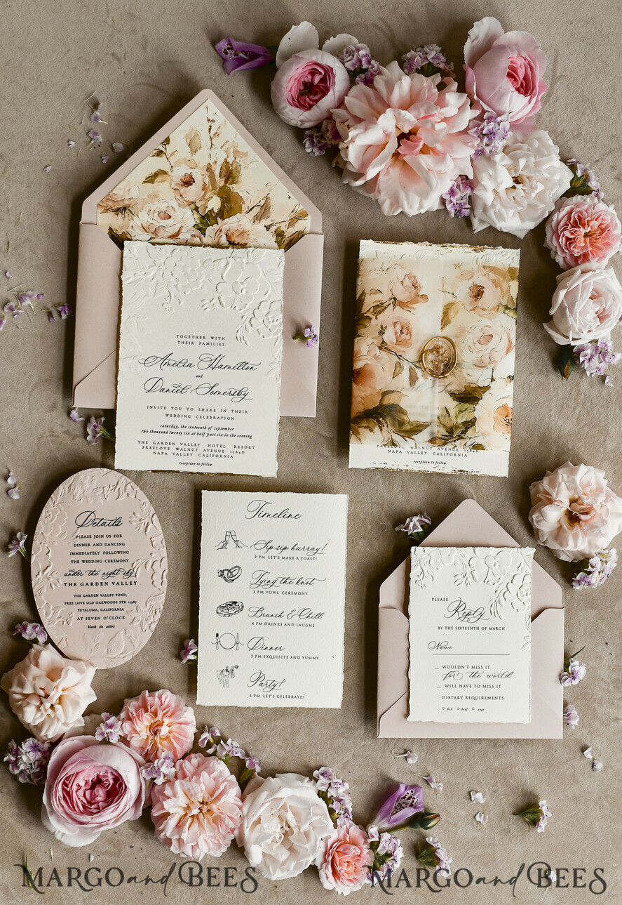 WEDDING INVITATIONS embossed invites Blush Pink Velvet Wedding Invitations – Embossed Floral Invitations with Deckled Edges, Wax Seal & Fine Art Paper