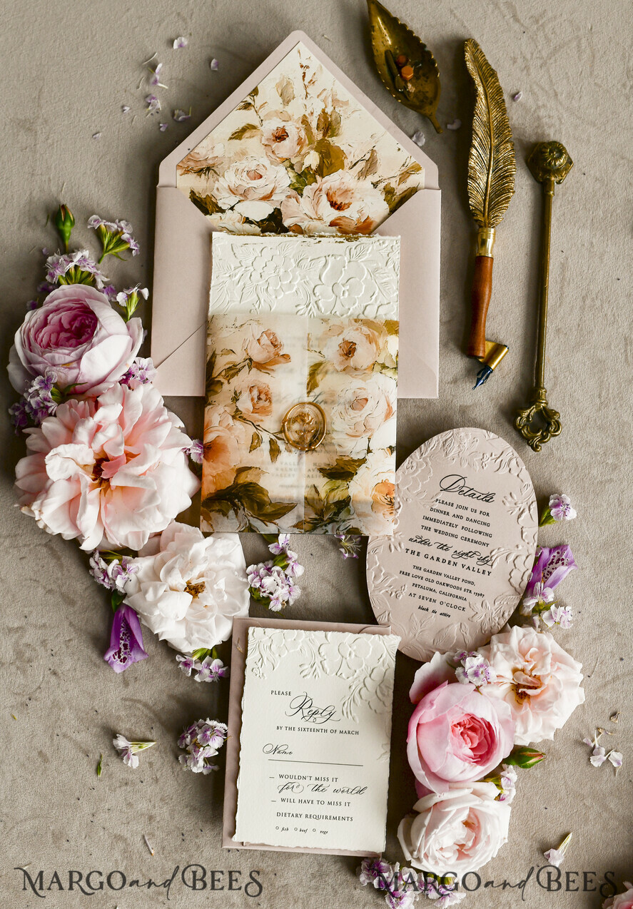 WEDDING INVITATIONS embossed invites Blush Pink Velvet Wedding Invitations – Embossed Floral Invitations with Deckled Edges, Wax Seal & Fine Art Paper