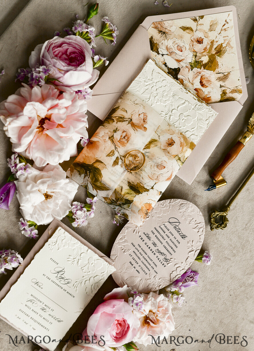 WEDDING INVITATIONS embossed invites Blush Pink Velvet Wedding Invitations – Embossed Floral Invitations with Deckled Edges, Wax Seal & Fine Art Paper