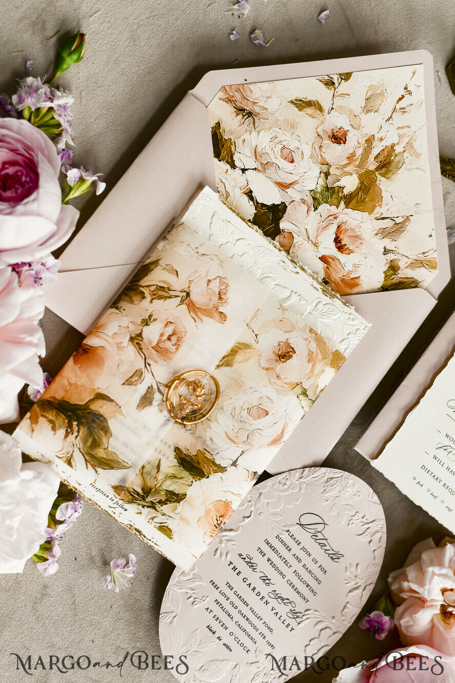 WEDDING INVITATIONS embossed invites Blush Pink Velvet Wedding Invitations – Embossed Floral Invitations with Deckled Edges, Wax Seal & Fine Art Paper