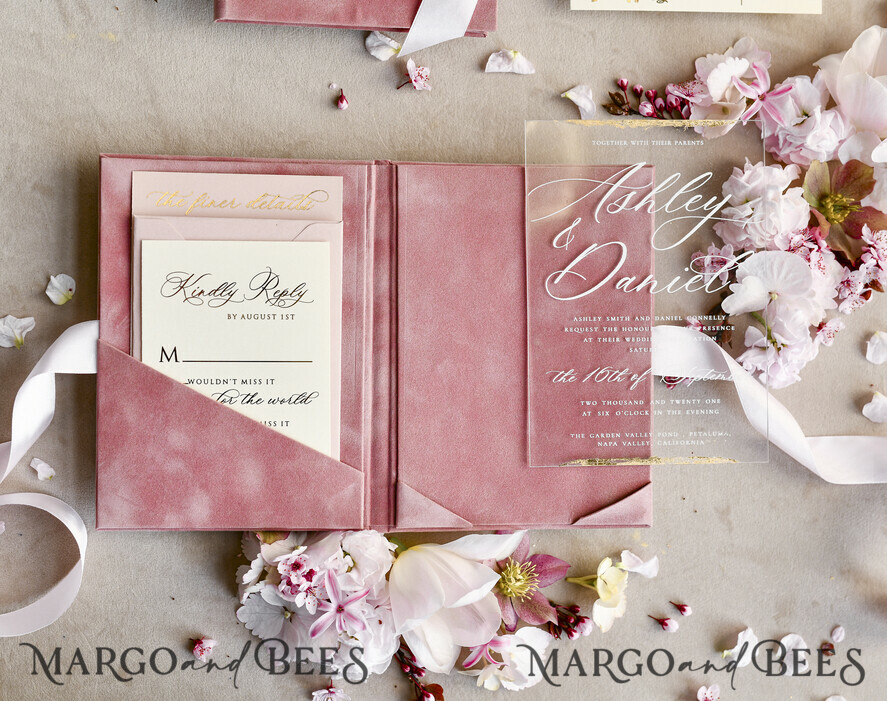 WEDDING INVITATIONS plexi acrylic mirror velvet Cover Clear Wedding Invitations, Elegant blush pink Wedding Cards,  Acrylic Wedding Invites, Mirror Gold Plexi Invitation Suite