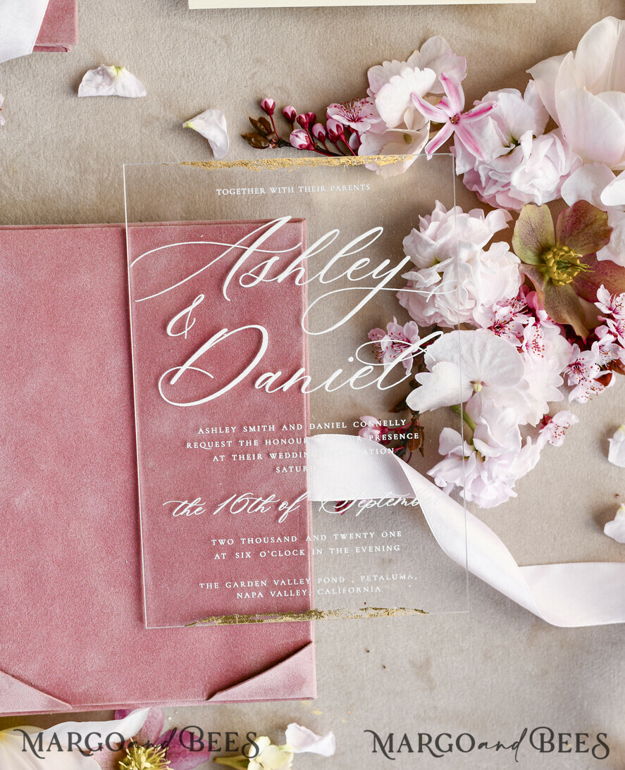 WEDDING INVITATIONS plexi acrylic mirror velvet Cover Clear Wedding Invitations, Elegant blush pink Wedding Cards,  Acrylic Wedding Invites, Mirror Gold Plexi Invitation Suite
