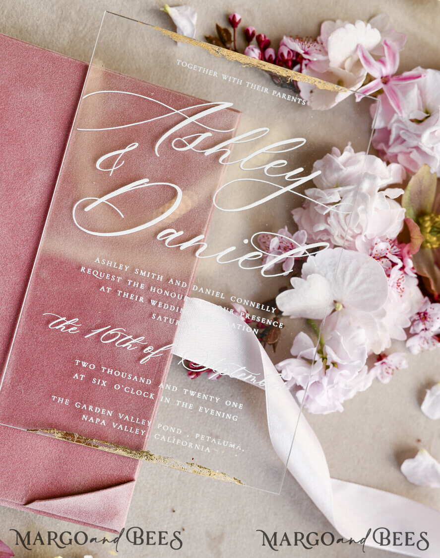 WEDDING INVITATIONS plexi acrylic mirror velvet Cover Clear Wedding Invitations, Elegant blush pink Wedding Cards,  Acrylic Wedding Invites, Mirror Gold Plexi Invitation Suite