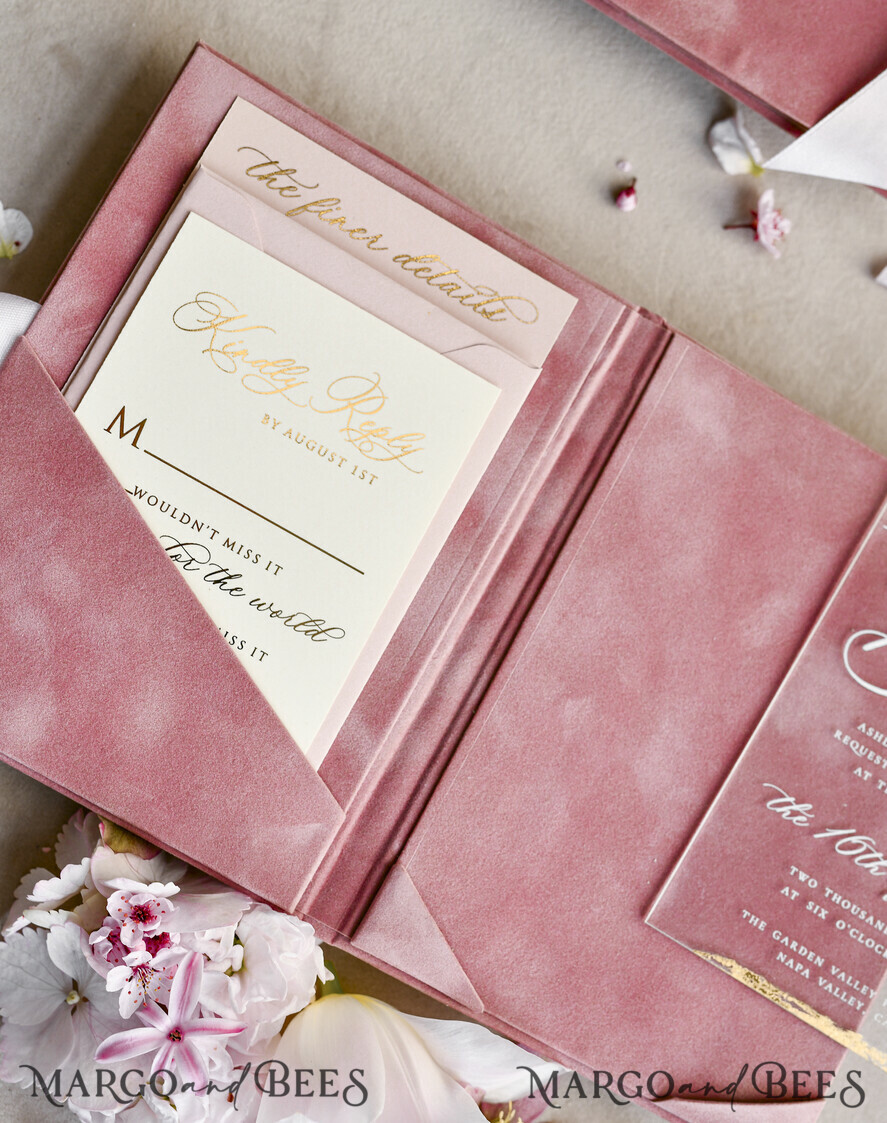 WEDDING INVITATIONS plexi acrylic mirror velvet Cover Clear Wedding Invitations, Elegant blush pink Wedding Cards,  Acrylic Wedding Invites, Mirror Gold Plexi Invitation Suite