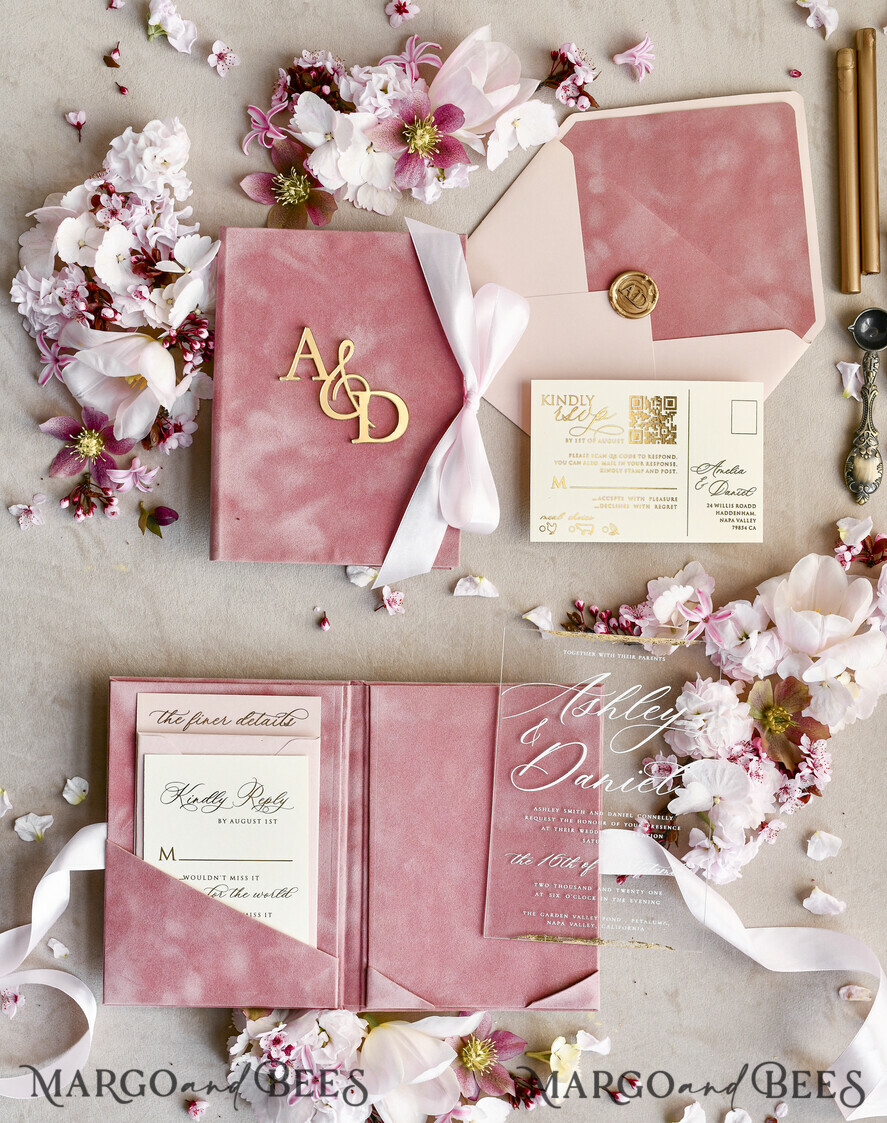 WEDDING INVITATIONS plexi acrylic mirror velvet Cover Clear Wedding Invitations, Elegant blush pink Wedding Cards,  Acrylic Wedding Invites, Mirror Gold Plexi Invitation Suite