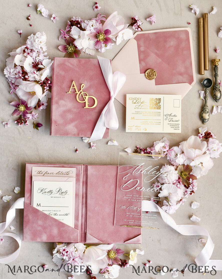 WEDDING INVITATIONS plexi acrylic mirror velvet Cover Clear Wedding Invitations, Elegant blush pink Wedding Cards,  Acrylic Wedding Invites, Mirror Gold Plexi Invitation Suite