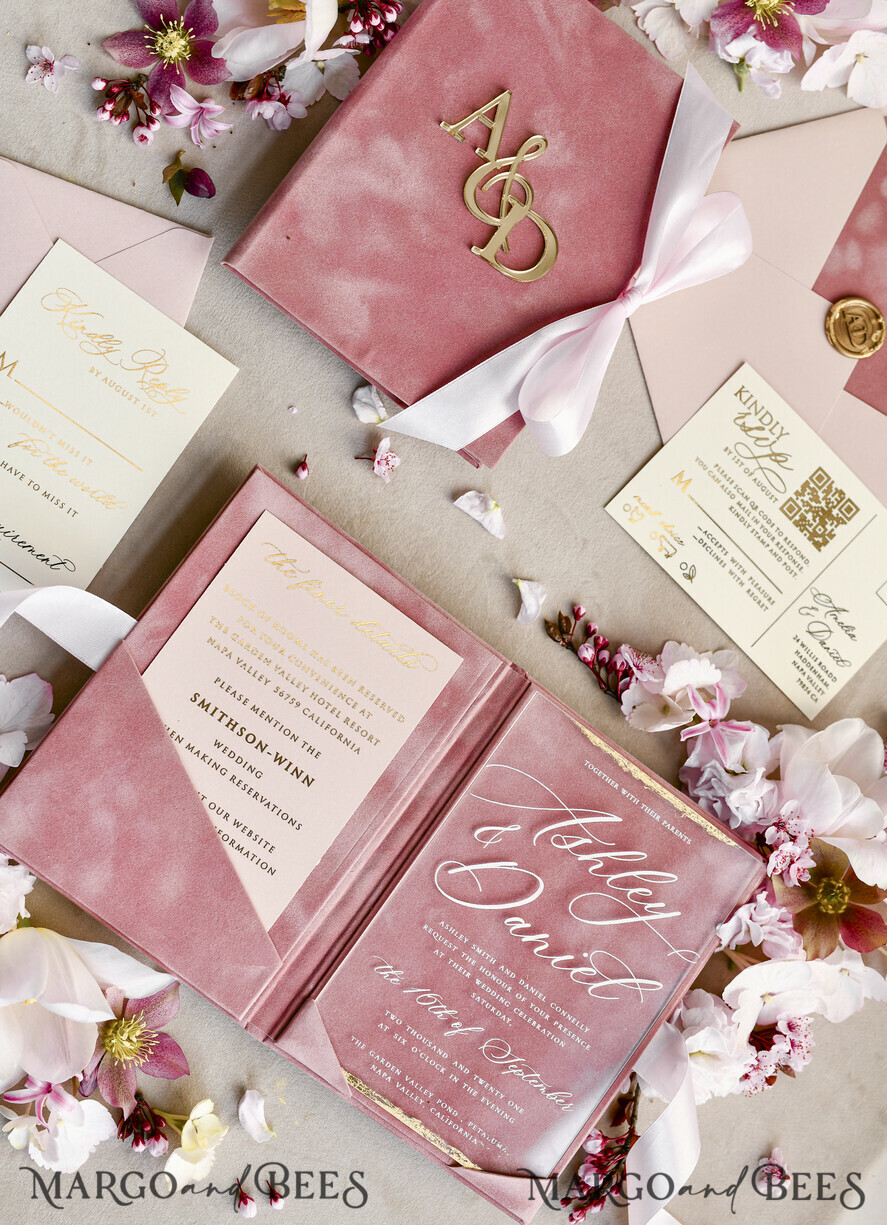 WEDDING INVITATIONS plexi acrylic mirror velvet Cover Clear Wedding Invitations, Elegant blush pink Wedding Cards,  Acrylic Wedding Invites, Mirror Gold Plexi Invitation Suite