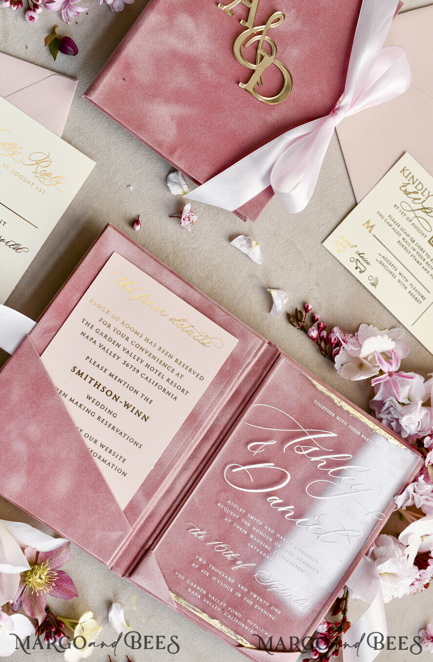 WEDDING INVITATIONS plexi acrylic mirror velvet Cover Clear Wedding Invitations, Elegant blush pink Wedding Cards,  Acrylic Wedding Invites, Mirror Gold Plexi Invitation Suite