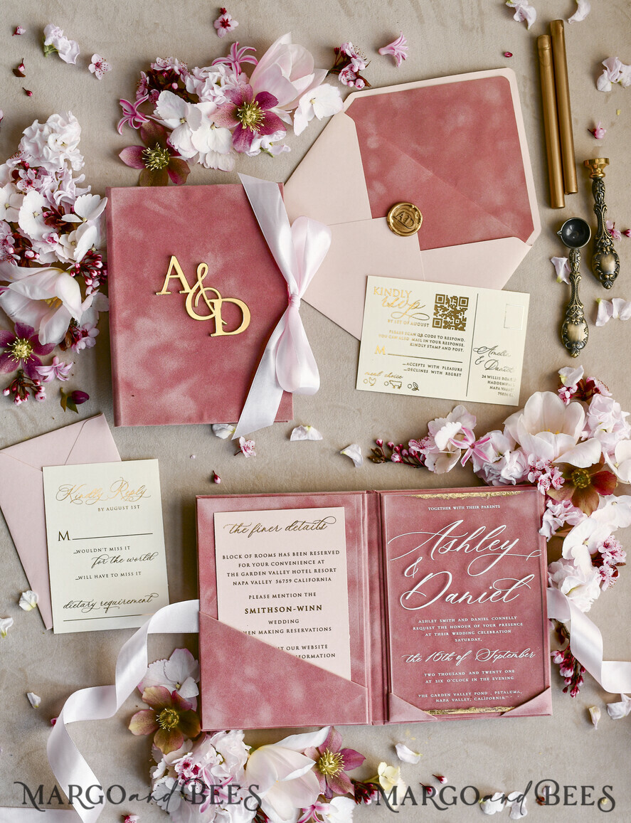 WEDDING INVITATIONS plexi acrylic mirror velvet Cover Clear Wedding Invitations, Elegant blush pink Wedding Cards,  Acrylic Wedding Invites, Mirror Gold Plexi Invitation Suite