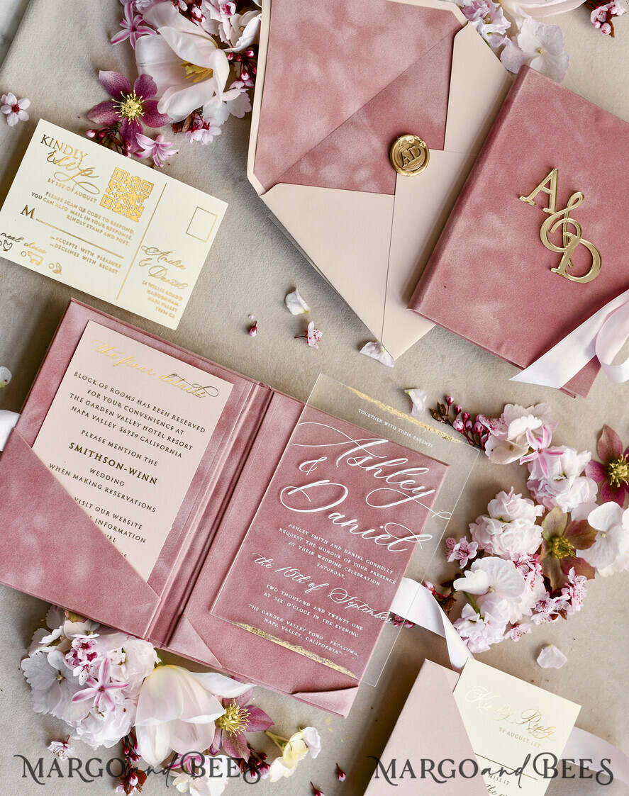 WEDDING INVITATIONS plexi acrylic mirror velvet Cover Clear Wedding Invitations, Elegant blush pink Wedding Cards,  Acrylic Wedding Invites, Mirror Gold Plexi Invitation Suite