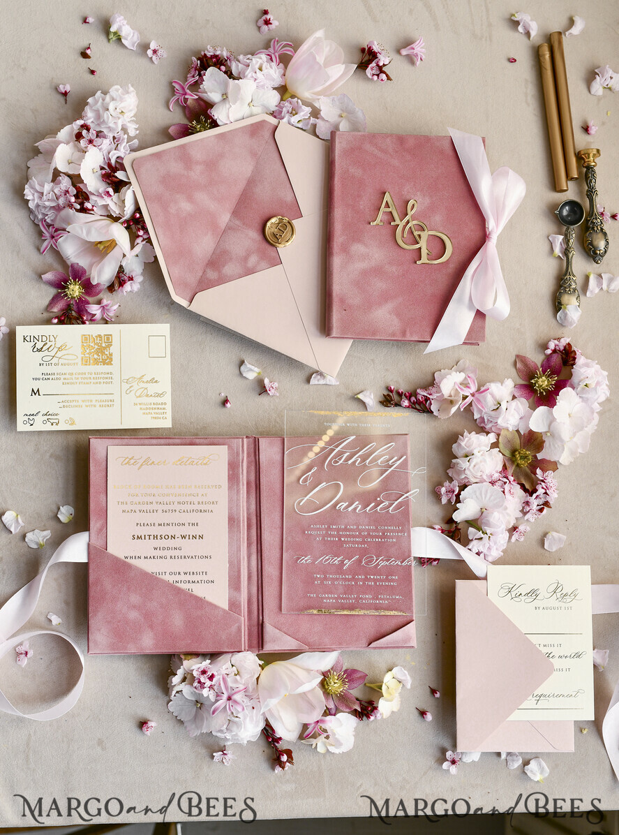 WEDDING INVITATIONS plexi acrylic mirror velvet Cover Clear Wedding Invitations, Elegant blush pink Wedding Cards,  Acrylic Wedding Invites, Mirror Gold Plexi Invitation Suite