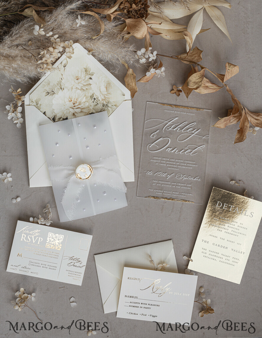 WEDDING INVITATIONS plexi acrylic mirror Ivory Beaded Wrapping Wedding Invitations, Elegant Clear Acrylic Wedding Cards, Plexi Transparent Wedding Invites, Wedding Invitation Suite with Pearls