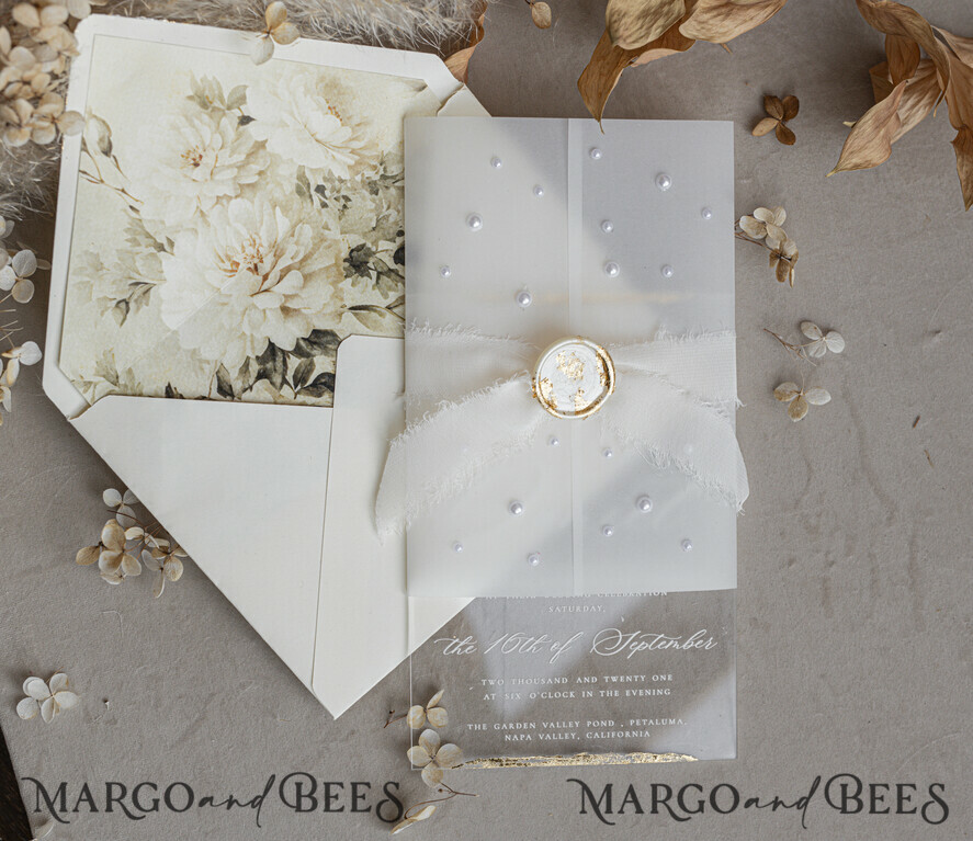 WEDDING INVITATIONS plexi acrylic mirror Ivory Beaded Wrapping Wedding Invitations, Elegant Clear Acrylic Wedding Cards, Plexi Transparent Wedding Invites, Wedding Invitation Suite with Pearls