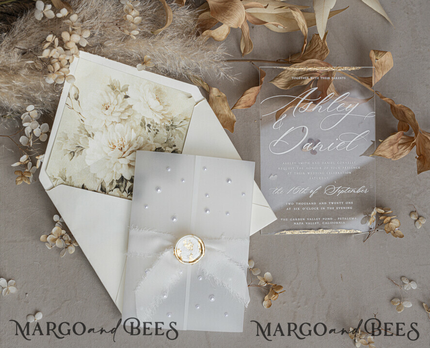 WEDDING INVITATIONS plexi acrylic mirror Ivory Beaded Wrapping Wedding Invitations, Elegant Clear Acrylic Wedding Cards, Plexi Transparent Wedding Invites, Wedding Invitation Suite with Pearls