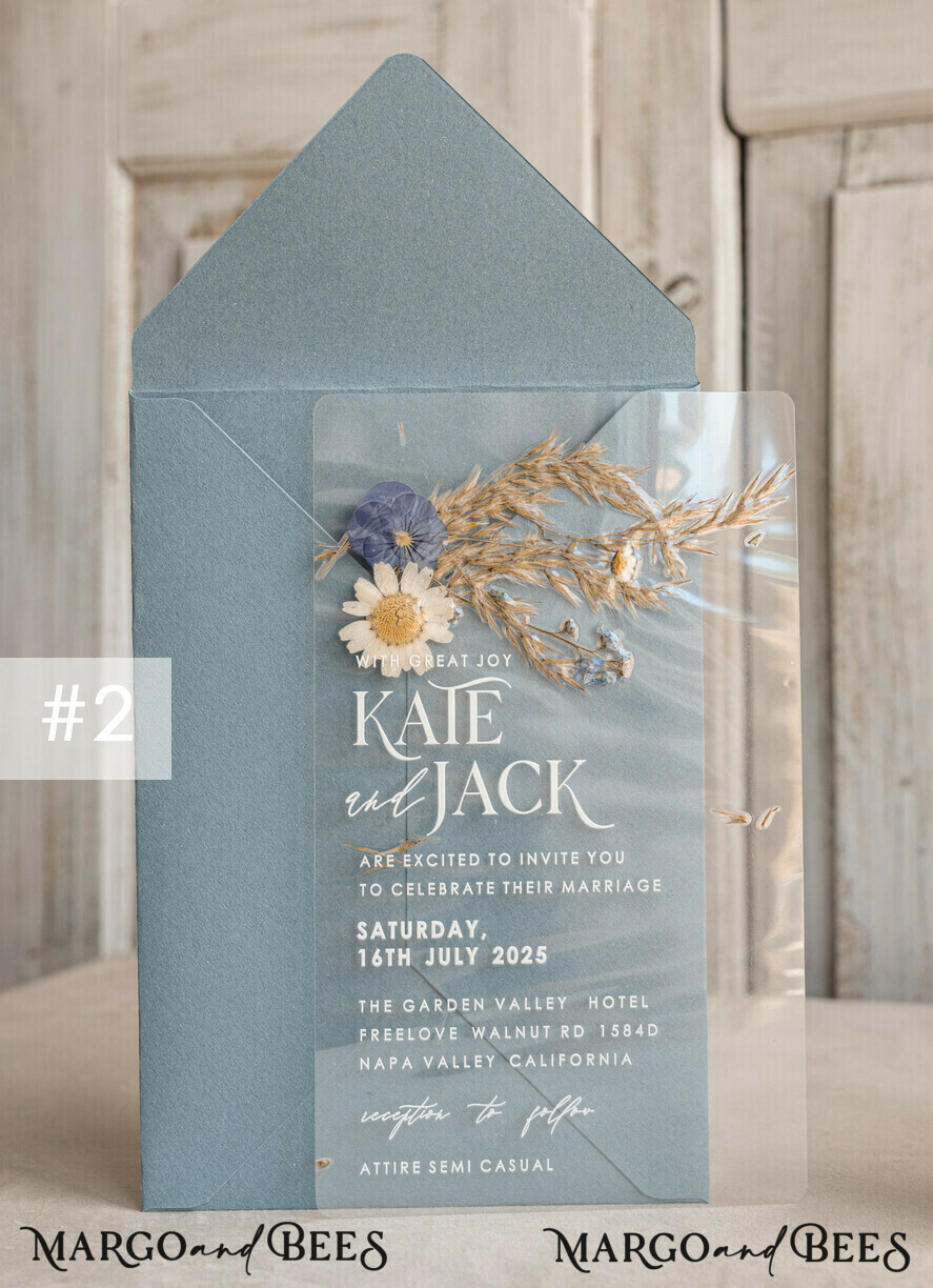 WEDDING INVITATIONS plexi acrylic mirror Dusty Blue  Clear real flowers Wedding Invitations, Elegant Garden  pampass gras Wedding Cards, Velvet  transparent  Wedding Invites,  Wedding Invitation Suite
