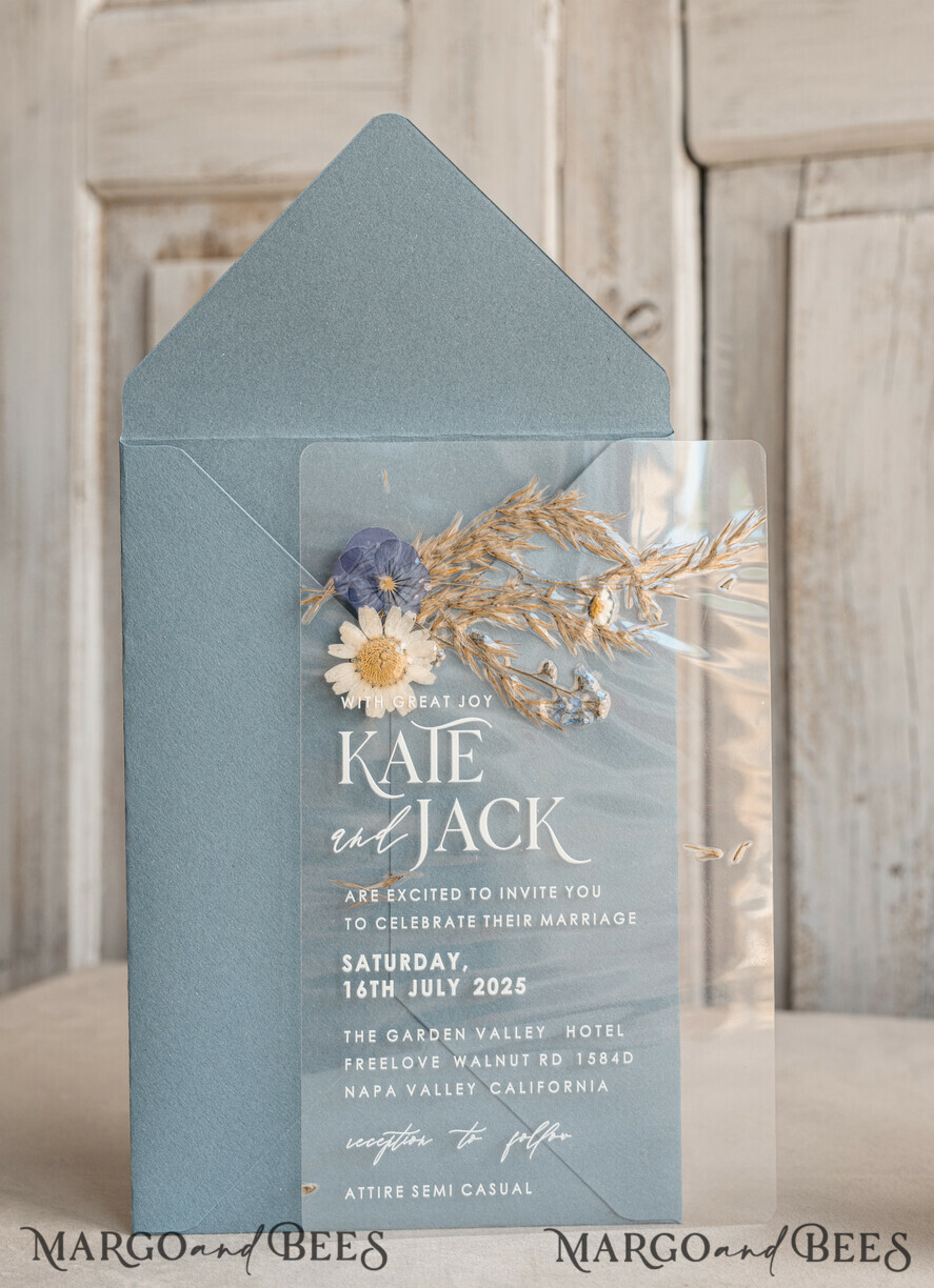 WEDDING INVITATIONS plexi acrylic mirror Dusty Blue  Clear real flowers Wedding Invitations, Elegant Garden  pampass gras Wedding Cards, Velvet  transparent  Wedding Invites,  Wedding Invitation Suite