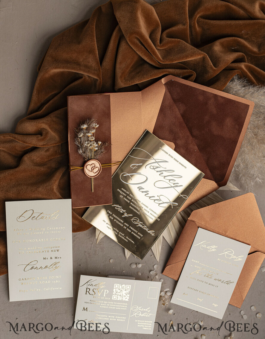 WEDDING INVITATIONS plexi acrylic mirror Fall Mirror gold Wedding Invitations, Elegant Terracotta Wedding Cards, Burnt orange Acrylic  Wedding Invites, Mirror Gold Plexi Wedding Invitation Suite