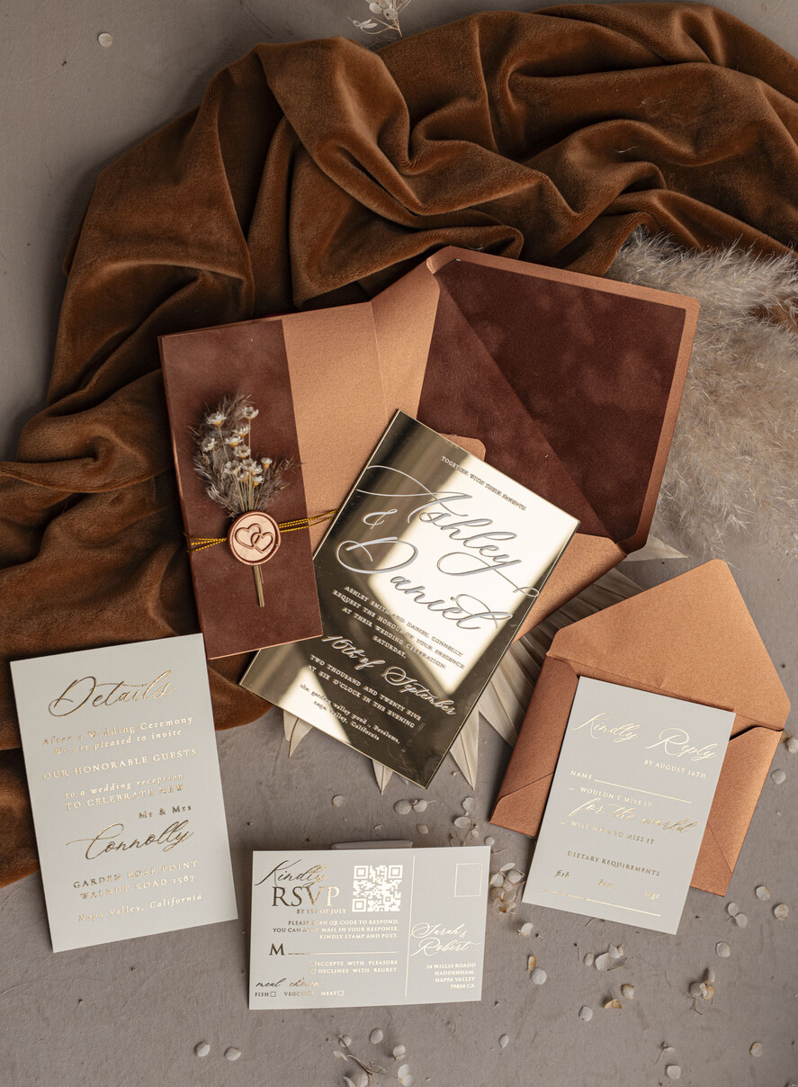 WEDDING INVITATIONS plexi acrylic mirror Fall Mirror gold Wedding Invitations, Elegant Terracotta Wedding Cards, Burnt orange Acrylic  Wedding Invites, Mirror Gold Plexi Wedding Invitation Suite