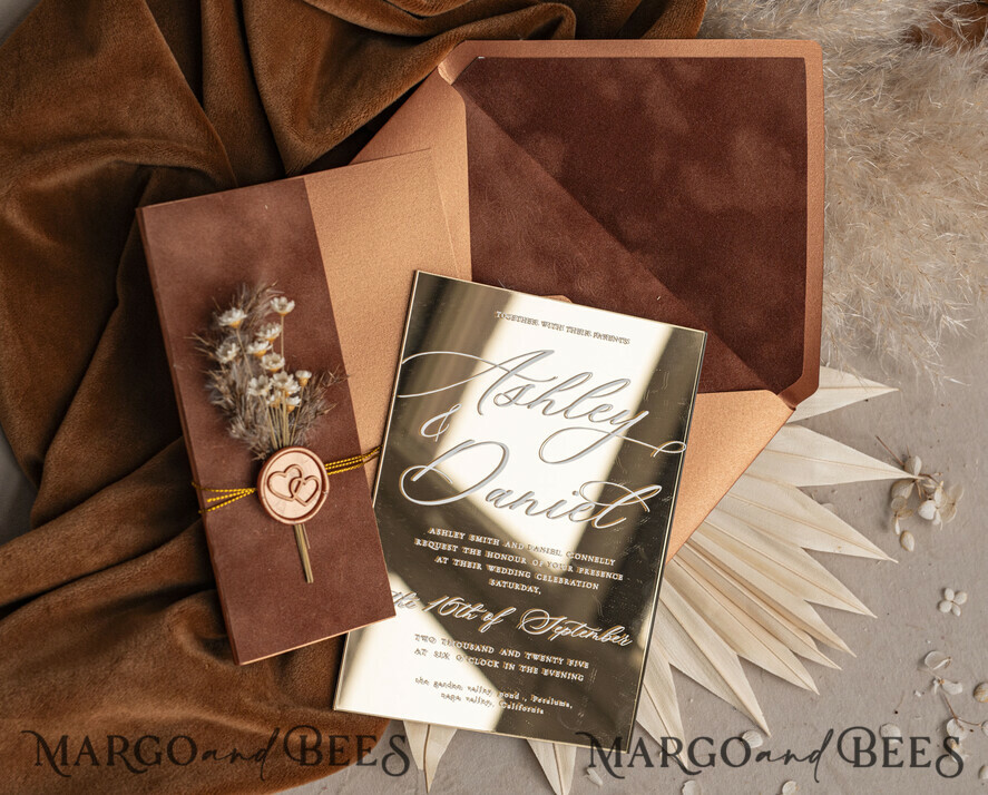 WEDDING INVITATIONS plexi acrylic mirror Fall Mirror gold Wedding Invitations, Elegant Terracotta Wedding Cards, Burnt orange Acrylic  Wedding Invites, Mirror Gold Plexi Wedding Invitation Suite