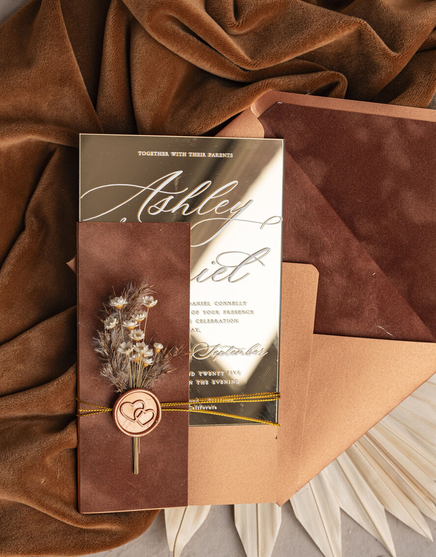 WEDDING INVITATIONS plexi acrylic mirror Fall Mirror gold Wedding Invitations, Elegant Terracotta Wedding Cards, Burnt orange Acrylic  Wedding Invites, Mirror Gold Plexi Wedding Invitation Suite