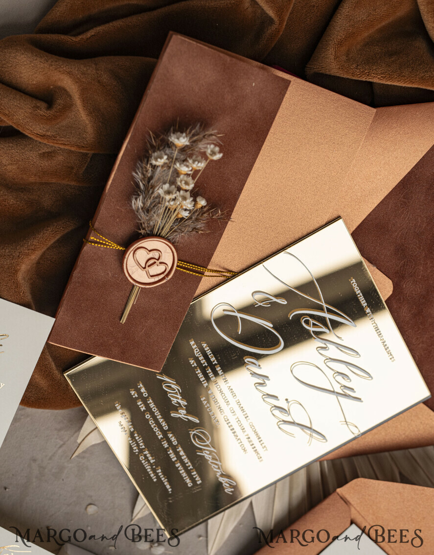 WEDDING INVITATIONS plexi acrylic mirror Fall Mirror gold Wedding Invitations, Elegant Terracotta Wedding Cards, Burnt orange Acrylic  Wedding Invites, Mirror Gold Plexi Wedding Invitation Suite