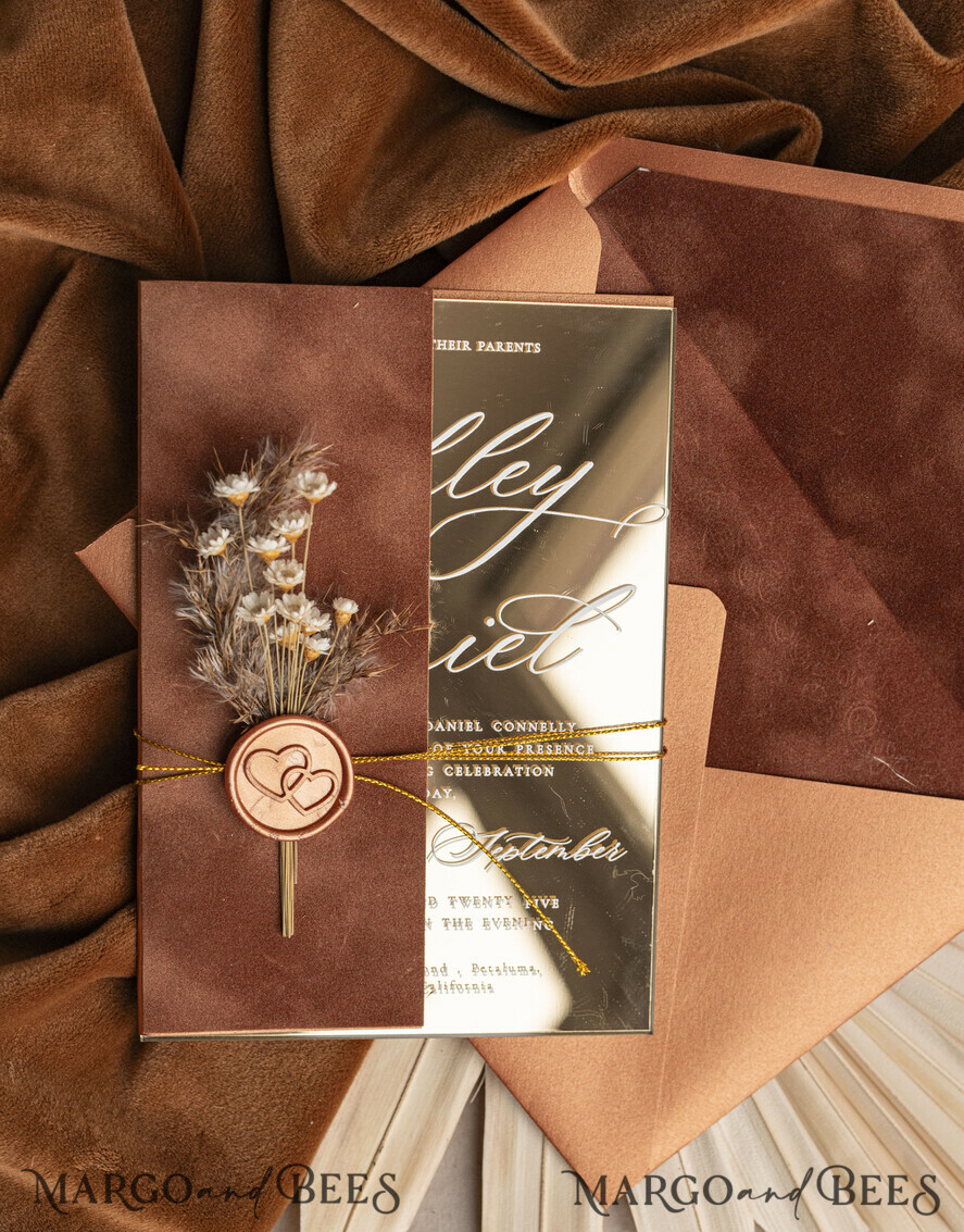 WEDDING INVITATIONS plexi acrylic mirror Fall Mirror gold Wedding Invitations, Elegant Terracotta Wedding Cards, Burnt orange Acrylic  Wedding Invites, Mirror Gold Plexi Wedding Invitation Suite