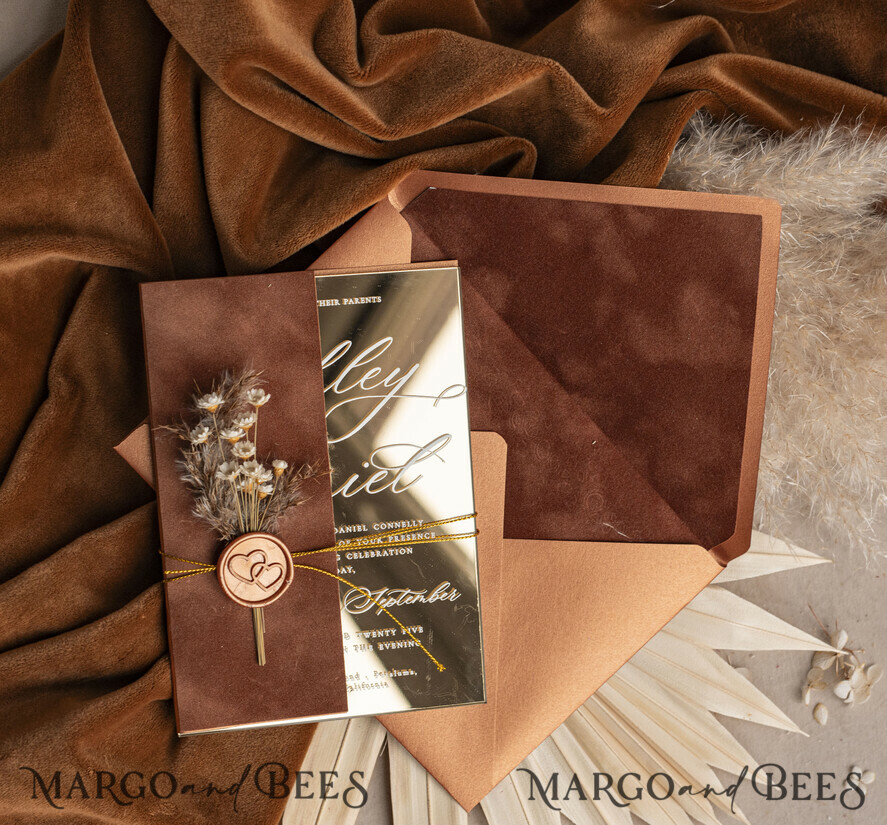 WEDDING INVITATIONS plexi acrylic mirror Fall Mirror gold Wedding Invitations, Elegant Terracotta Wedding Cards, Burnt orange Acrylic  Wedding Invites, Mirror Gold Plexi Wedding Invitation Suite
