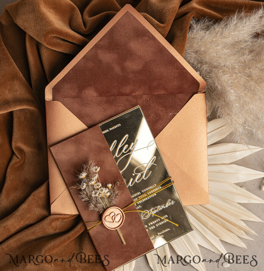 WEDDING INVITATIONS plexi acrylic mirror Fall Mirror gold Wedding Invitations, Elegant Terracotta Wedding Cards, Burnt orange Acrylic  Wedding Invites, Mirror Gold Plexi Wedding Invitation Suite