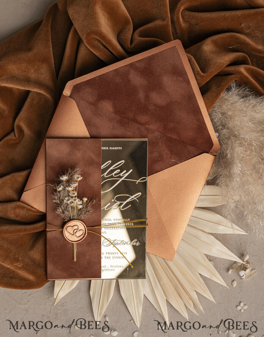 WEDDING INVITATIONS plexi acrylic mirror Fall Mirror gold Wedding Invitations, Elegant Terracotta Wedding Cards, Burnt orange Acrylic  Wedding Invites, Mirror Gold Plexi Wedding Invitation Suite