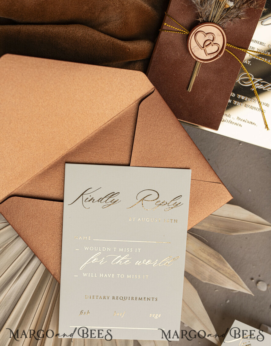 WEDDING INVITATIONS plexi acrylic mirror Fall Mirror gold Wedding Invitations, Elegant Terracotta Wedding Cards, Burnt orange Acrylic  Wedding Invites, Mirror Gold Plexi Wedding Invitation Suite