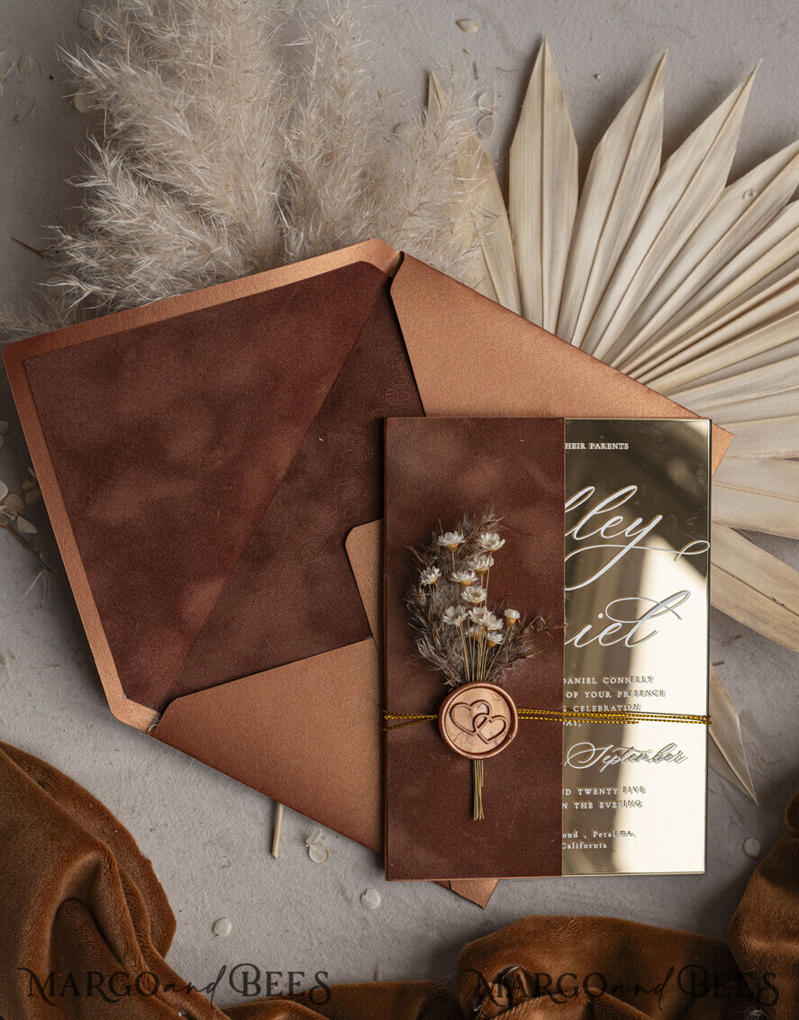 WEDDING INVITATIONS plexi acrylic mirror Fall Mirror gold Wedding Invitations, Elegant Terracotta Wedding Cards, Burnt orange Acrylic  Wedding Invites, Mirror Gold Plexi Wedding Invitation Suite