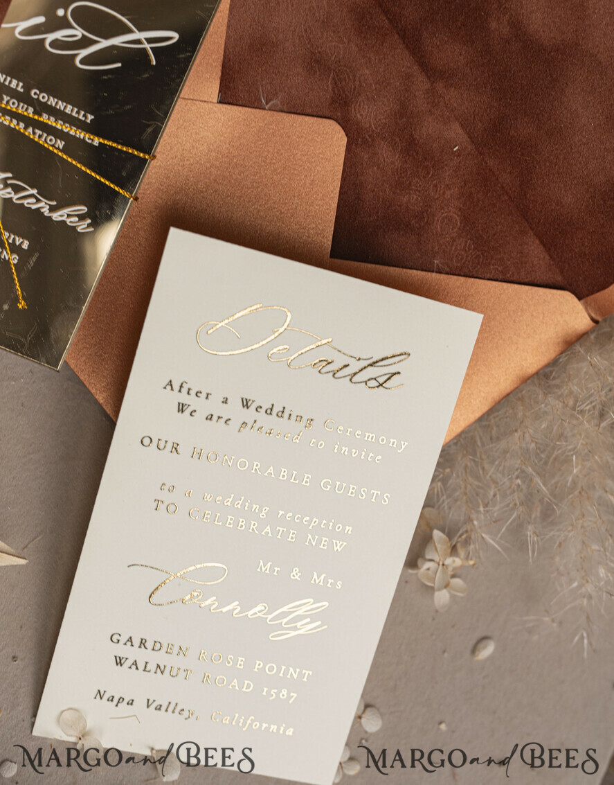 WEDDING INVITATIONS plexi acrylic mirror Fall Mirror gold Wedding Invitations, Elegant Terracotta Wedding Cards, Burnt orange Acrylic  Wedding Invites, Mirror Gold Plexi Wedding Invitation Suite