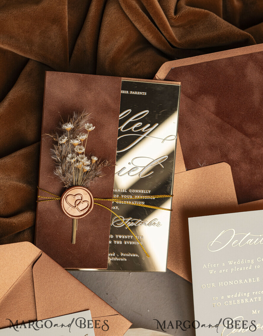 WEDDING INVITATIONS plexi acrylic mirror Fall Mirror gold Wedding Invitations, Elegant Terracotta Wedding Cards, Burnt orange Acrylic  Wedding Invites, Mirror Gold Plexi Wedding Invitation Suite