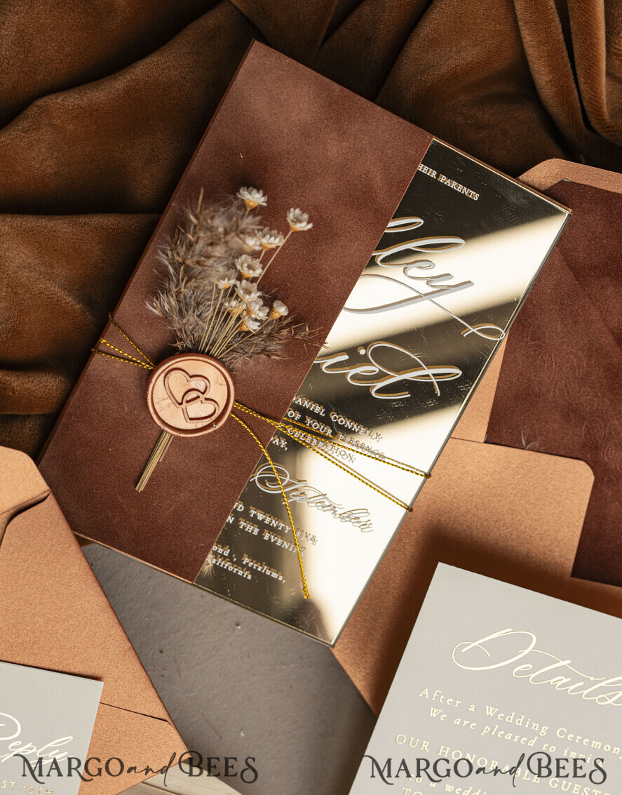WEDDING INVITATIONS plexi acrylic mirror Fall Mirror gold Wedding Invitations, Elegant Terracotta Wedding Cards, Burnt orange Acrylic  Wedding Invites, Mirror Gold Plexi Wedding Invitation Suite