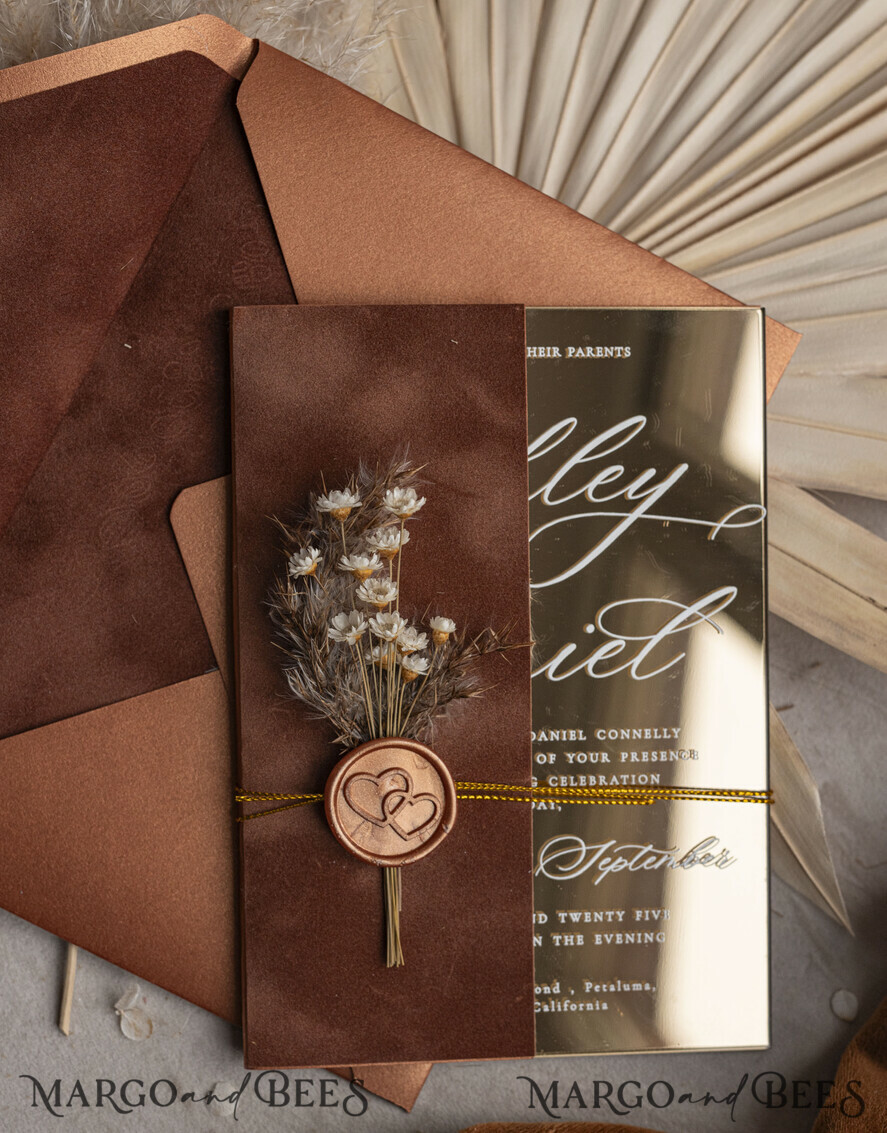 WEDDING INVITATIONS plexi acrylic mirror Fall Mirror gold Wedding Invitations, Elegant Terracotta Wedding Cards, Burnt orange Acrylic  Wedding Invites, Mirror Gold Plexi Wedding Invitation Suite