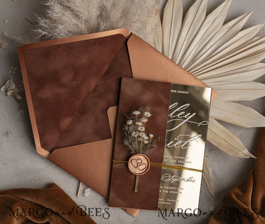 WEDDING INVITATIONS plexi acrylic mirror Fall Mirror gold Wedding Invitations, Elegant Terracotta Wedding Cards, Burnt orange Acrylic  Wedding Invites, Mirror Gold Plexi Wedding Invitation Suite