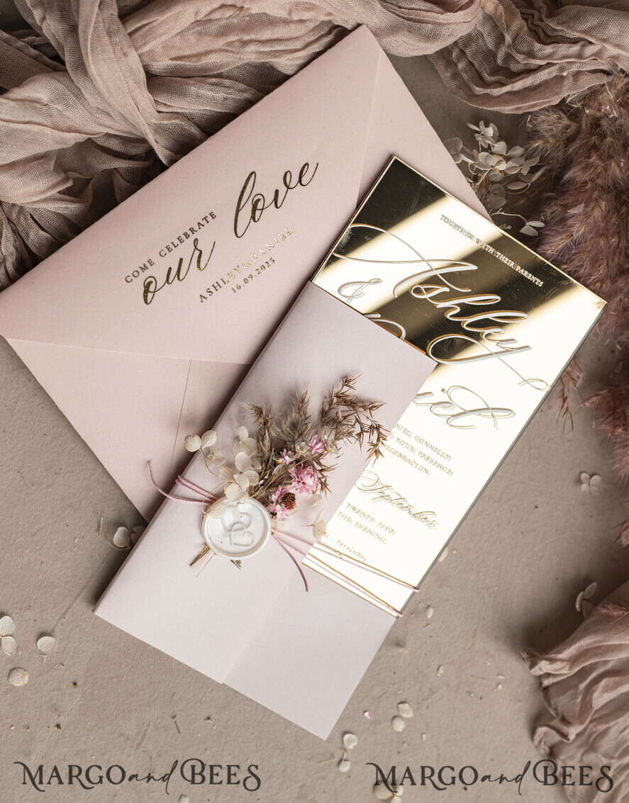 WEDDING INVITATIONS plexi acrylic mirror Luxury Mirror gold Wedding Invitations, Elegant Blush Pink Wedding Cards, Glamour Acrylic  Wedding Invites, Clear Plexi Wedding Invitation Suite