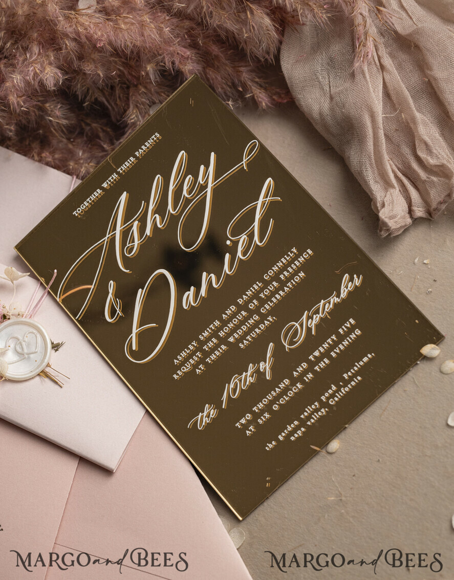 WEDDING INVITATIONS plexi acrylic mirror Luxury Mirror gold Wedding Invitations, Elegant Blush Pink Wedding Cards, Glamour Acrylic  Wedding Invites, Clear Plexi Wedding Invitation Suite