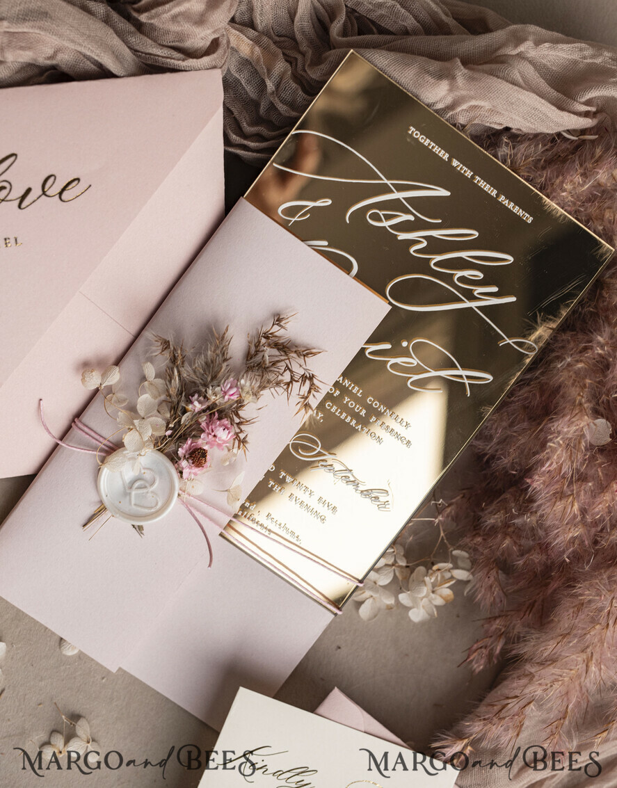 WEDDING INVITATIONS plexi acrylic mirror Luxury Mirror gold Wedding Invitations, Elegant Blush Pink Wedding Cards, Glamour Acrylic  Wedding Invites, Clear Plexi Wedding Invitation Suite