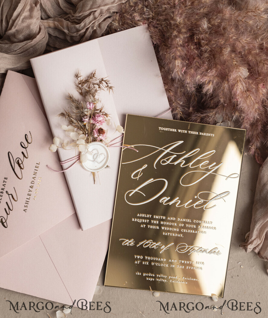 WEDDING INVITATIONS plexi acrylic mirror Luxury Mirror gold Wedding Invitations, Elegant Blush Pink Wedding Cards, Glamour Acrylic  Wedding Invites, Clear Plexi Wedding Invitation Suite