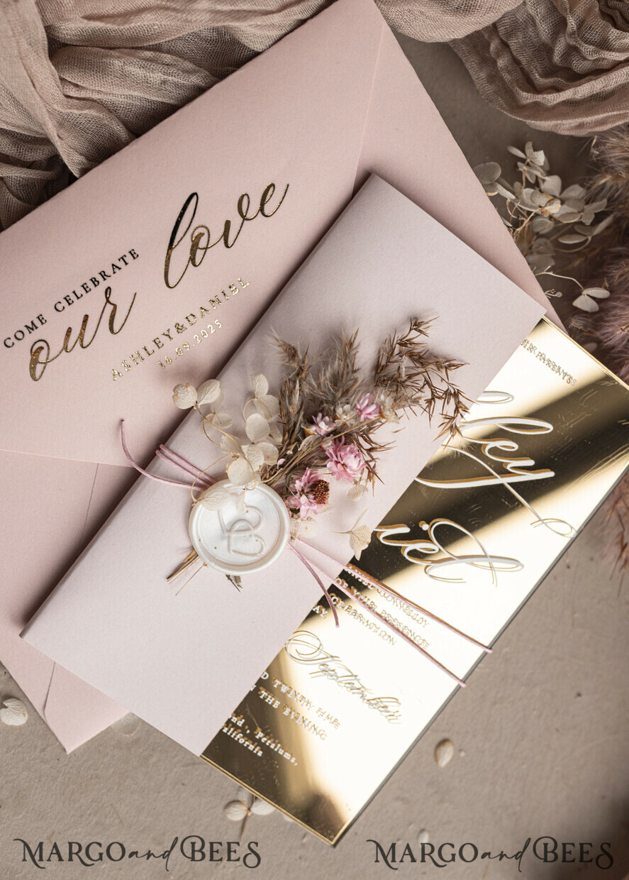 WEDDING INVITATIONS plexi acrylic mirror Luxury Mirror gold Wedding Invitations, Elegant Blush Pink Wedding Cards, Glamour Acrylic  Wedding Invites, Clear Plexi Wedding Invitation Suite