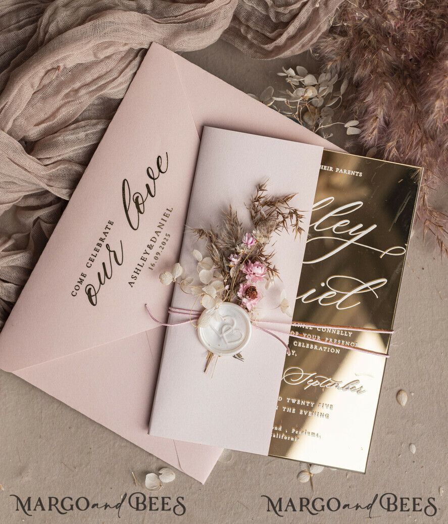 WEDDING INVITATIONS plexi acrylic mirror Luxury Mirror gold Wedding Invitations, Elegant Blush Pink Wedding Cards, Glamour Acrylic  Wedding Invites, Clear Plexi Wedding Invitation Suite