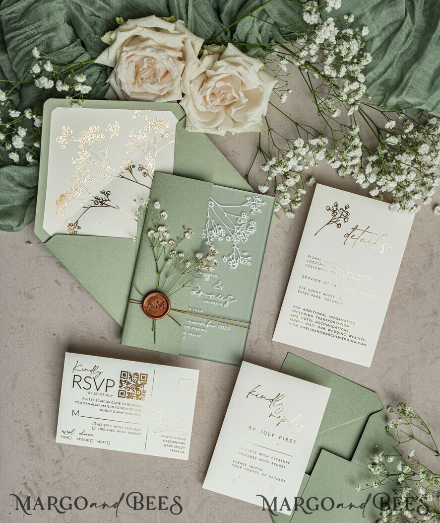 WEDDING INVITATIONS plexi acrylic mirror Sage Green Frozen Transparent Baby Breath Wedding Invitations, Elegant Garden Gypsophila Wedding Cards, Greenery Acrylic  Wedding Invites, Frosted Plexi Wedding Invitation Suite