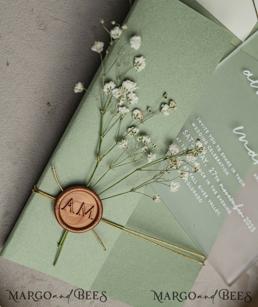 WEDDING INVITATIONS plexi acrylic mirror Sage Green Frozen Transparent Baby Breath Wedding Invitations, Elegant Garden Gypsophila Wedding Cards, Greenery Acrylic  Wedding Invites, Frosted Plexi Wedding Invitation Suite