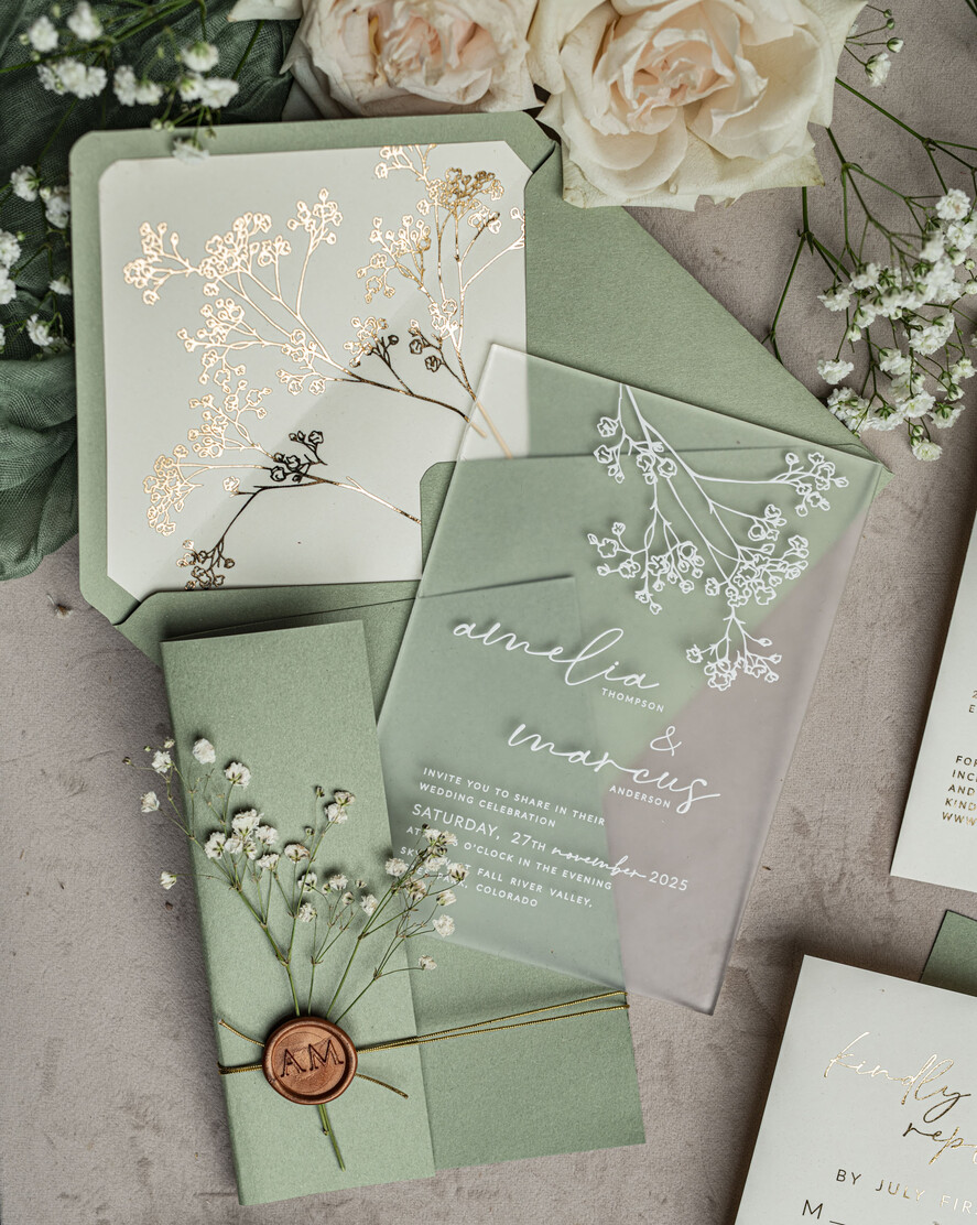 WEDDING INVITATIONS plexi acrylic mirror Sage Green Frozen Transparent Baby Breath Wedding Invitations, Elegant Garden Gypsophila Wedding Cards, Greenery Acrylic  Wedding Invites, Frosted Plexi Wedding Invitation Suite