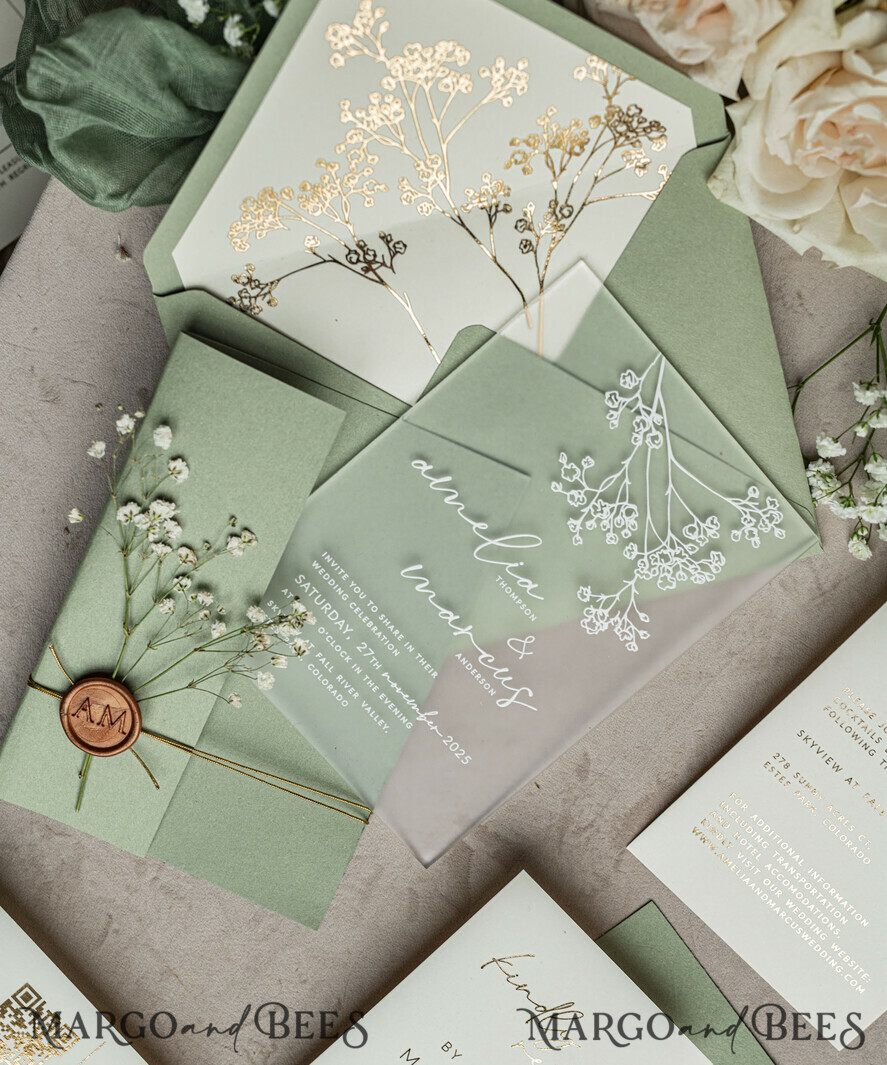 WEDDING INVITATIONS plexi acrylic mirror Sage Green Frozen Transparent Baby Breath Wedding Invitations, Elegant Garden Gypsophila Wedding Cards, Greenery Acrylic  Wedding Invites, Frosted Plexi Wedding Invitation Suite