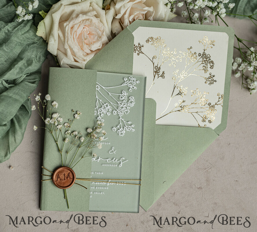 WEDDING INVITATIONS plexi acrylic mirror Sage Green Frozen Transparent Baby Breath Wedding Invitations, Elegant Garden Gypsophila Wedding Cards, Greenery Acrylic  Wedding Invites, Frosted Plexi Wedding Invitation Suite