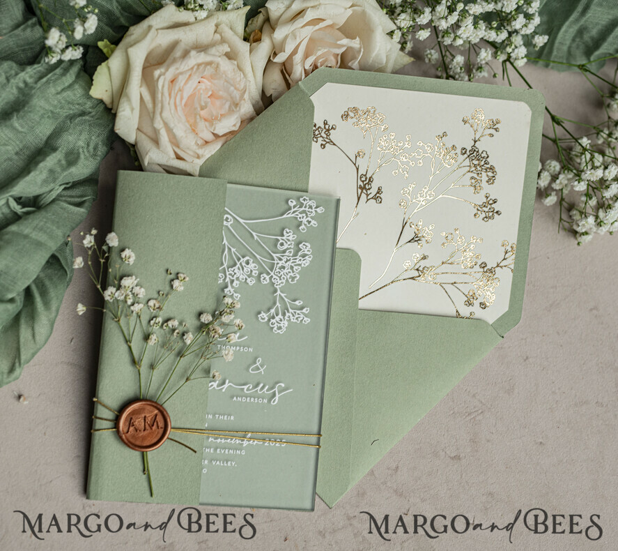 WEDDING INVITATIONS plexi acrylic mirror Sage Green Frozen Transparent Baby Breath Wedding Invitations, Elegant Garden Gypsophila Wedding Cards, Greenery Acrylic  Wedding Invites, Frosted Plexi Wedding Invitation Suite
